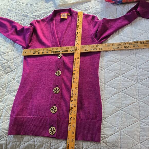 Tory Burch Simone Merino Wool Cardigan M Magenta Gold Logo Button Luxury Preppy - Picture 8 of 11